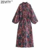 zevity women high street v neck contrast color floral print wide leg jumpsuits chic ladies lantern sleeve casual rompers p1205