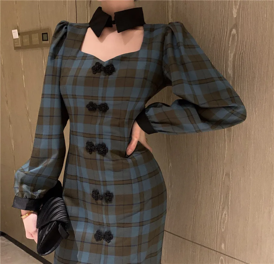 

Women Plaid Dress Casual Puff Long Sleeve Sexy Hollow out Neck Ladies Party Pencil Dress Vintage Cheongsam