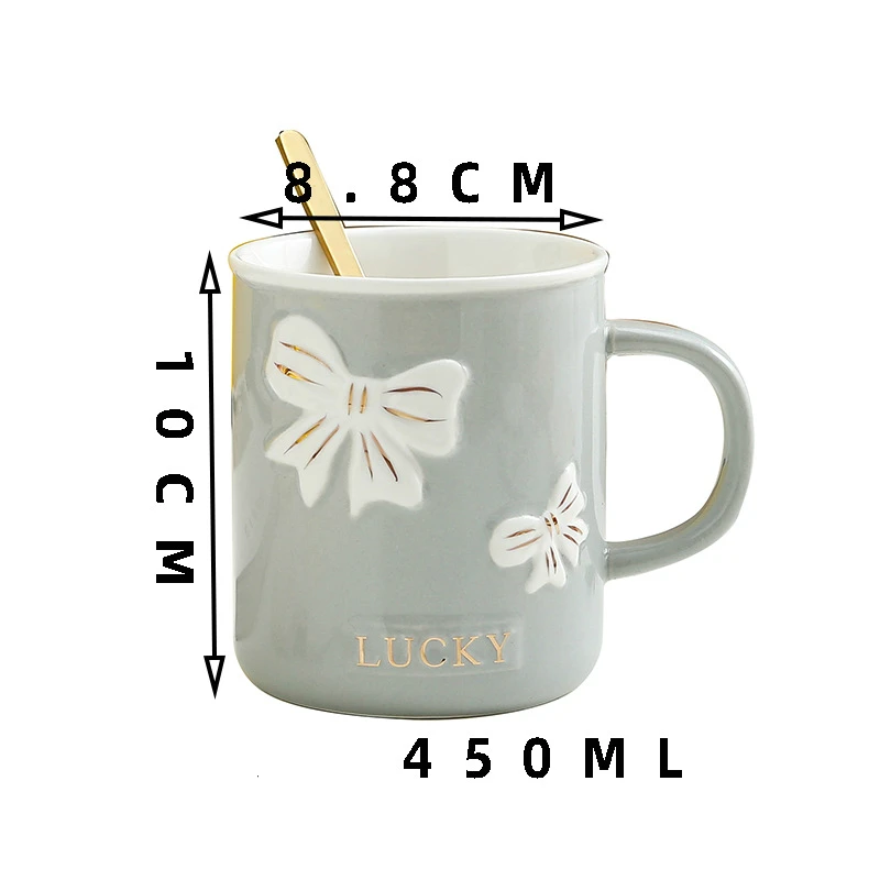 

450ml Korean Cute Bowknot Ceramic Mugs with Lid Spoon Handle Ladies Breakfast Milk Cups Office Tea Mug Light Luxury Wedding Cup