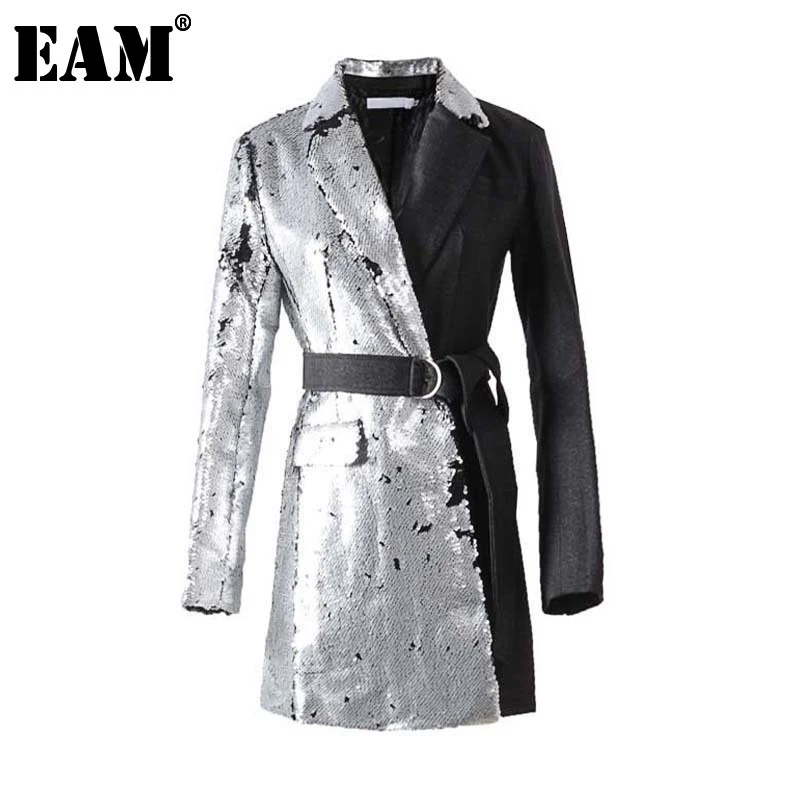 

[EAM] 2021 New Spring Lapel Long Sleeve Half Side Sequins Stitch Loose Buckle Belt Jacket Women Coat Fashion Tide JI994