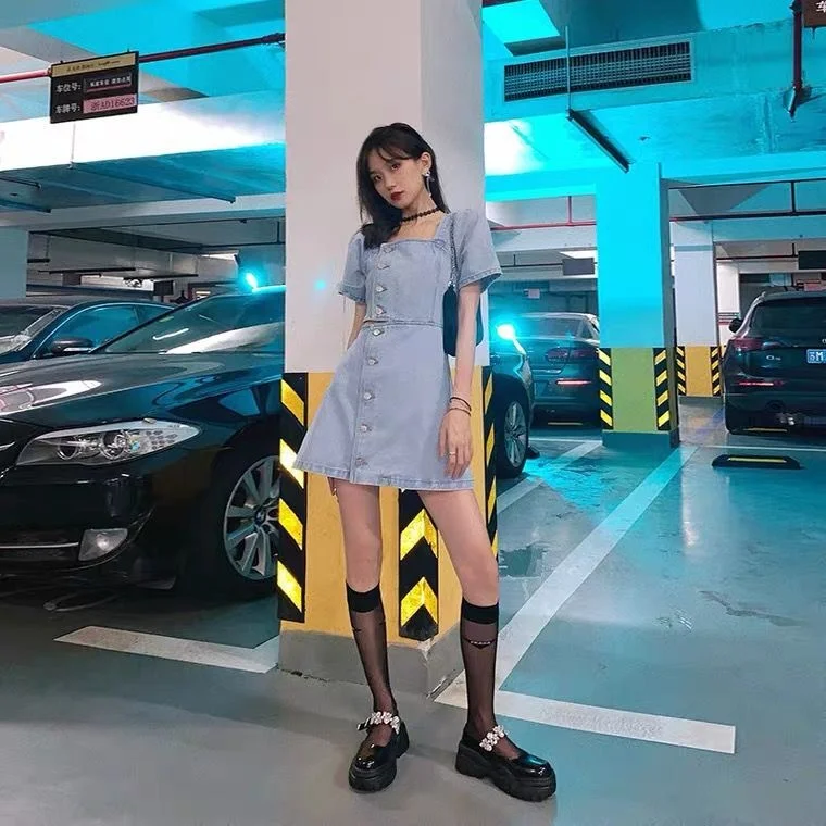 

Denim Skirt 2021 New Summer High Waist A- line Thin French Stitching Short Sleeve Square Collar Soft Slimming Dress for Women