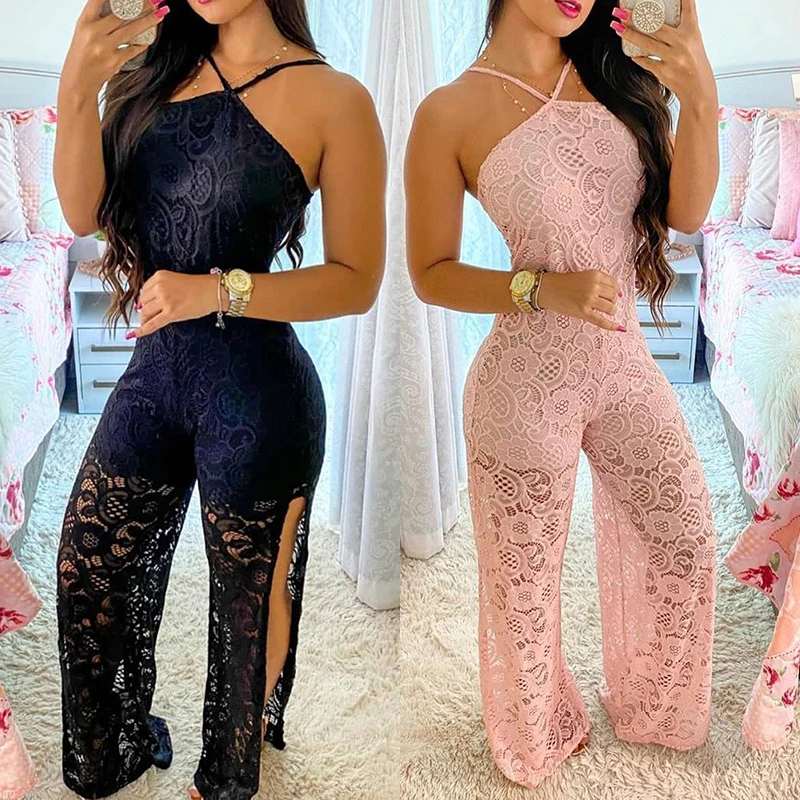 

2021 Summer Elegant Halter Sleeveless Crochet Lace High Slit See Through Holiday Long Jumpsuit Women's Sexy Long One Piece Suits