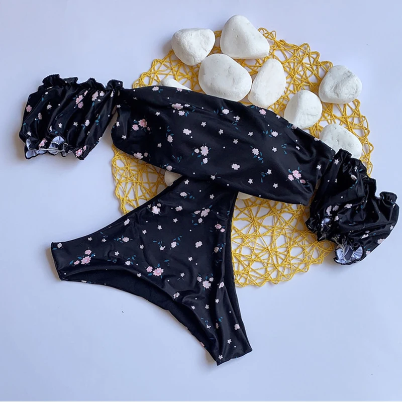 

Black Floral Printed Bikini Set Off shoulder bandeau swimsuit 2019 Sexy female swimwear women Brazilian bathing suit
