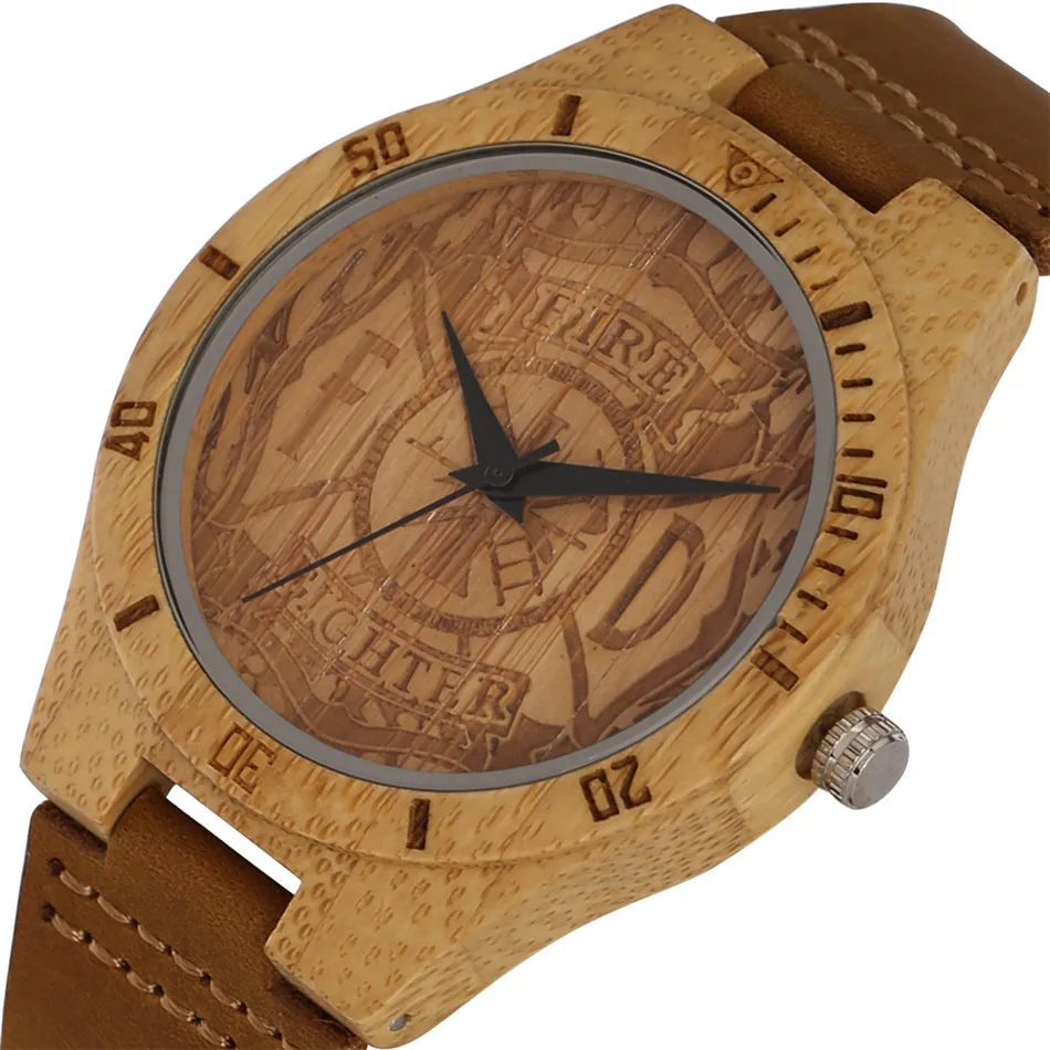

Men's Watch Carve Fire Fighter Pattern Dial Bamboo Wood Watches Brown Genuine Leather Quartz Wristwatch Wooden Timepiece Male