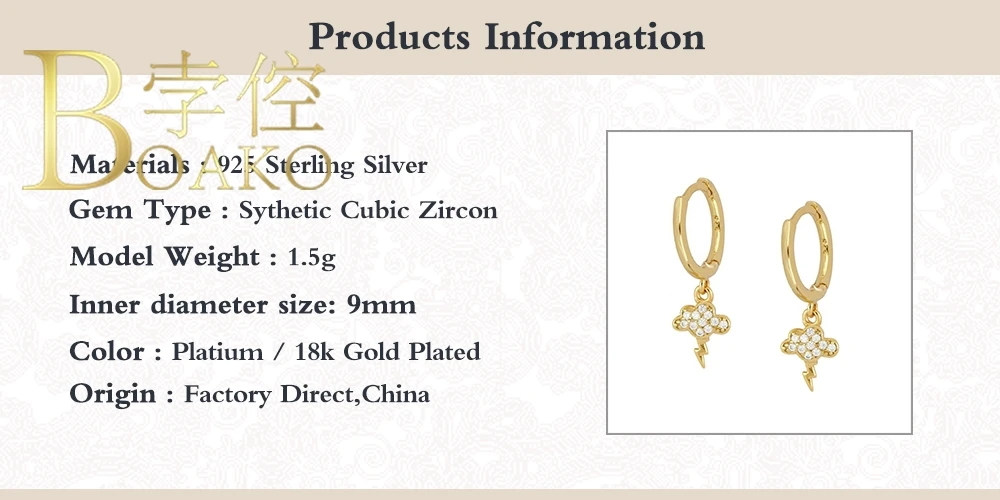 

BOAKO Pendiente Rayo Earrings For Women 925 Sterling Silver Earrings Dangle Ear Cuff Piercing Oreille Earring #9.8