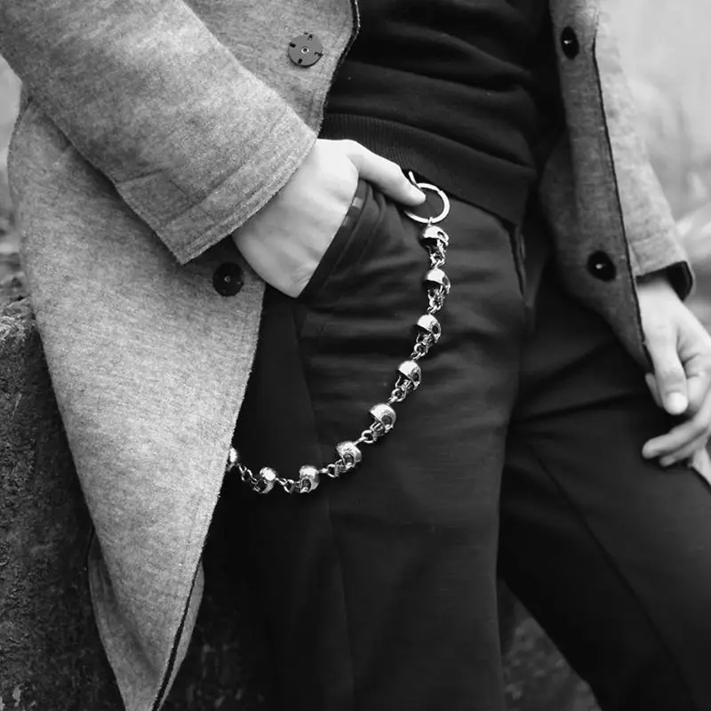 Готические джинсы череп голова цепь Панк Скелет Брюки брюки байкер кошелек R7RF -