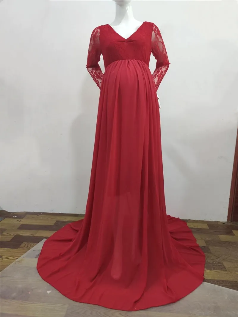 

Long Sleeve Lace Maternity Gown Dresses for Photo Shoot Sexy V Neck Maxi Pregnancy Dress Photography Pregnant Women Baby Shower