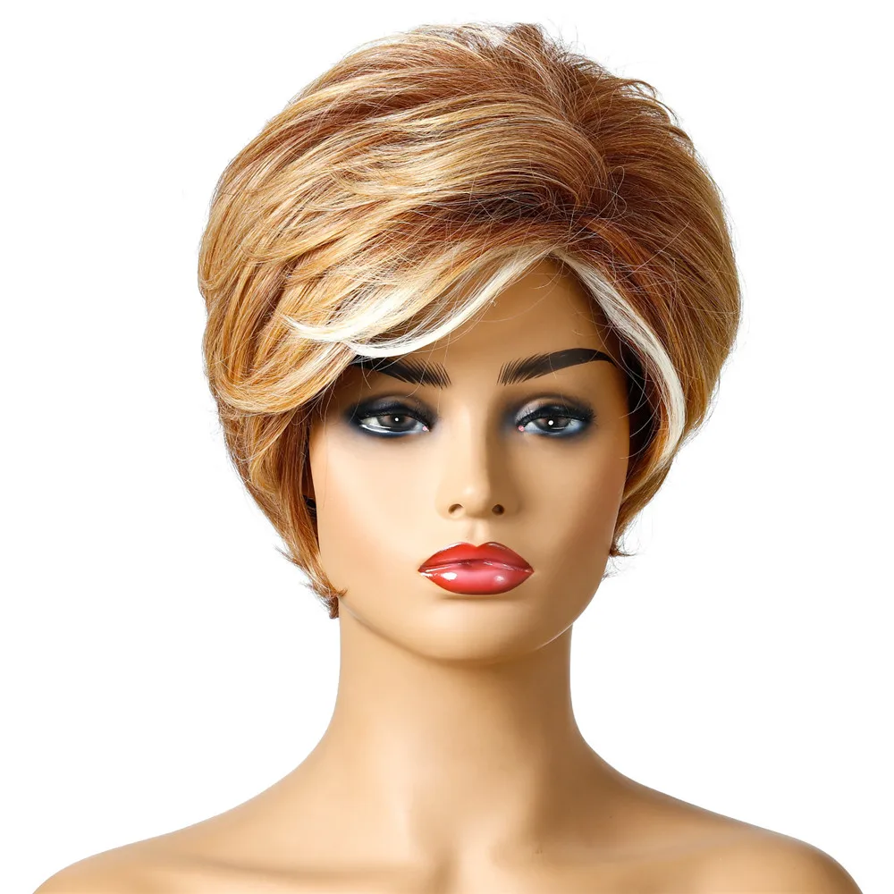 

Women Short Nature Wavy Synthetic Wig Omber Blonde Brown Wig With Side Part Bang Heat Resistant Fiber For Women Daily Party Use
