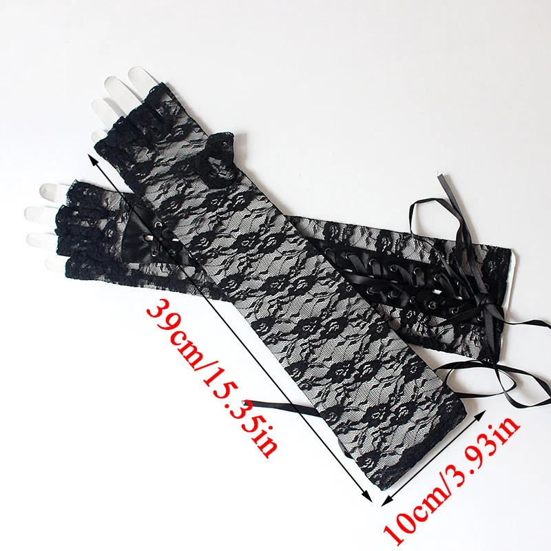 

Sexy Punk Long Lace Glove Women Kawaii Satin Ribbon Ties Gloves Half-Finger Fishnet Gloves Cosplay Costume Elbow Length Mittens