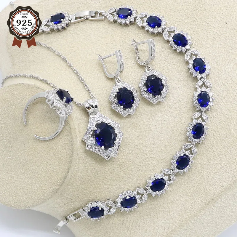 Синий кубический цирконий серебряного цвета свадебный браслет серьги ожерелье