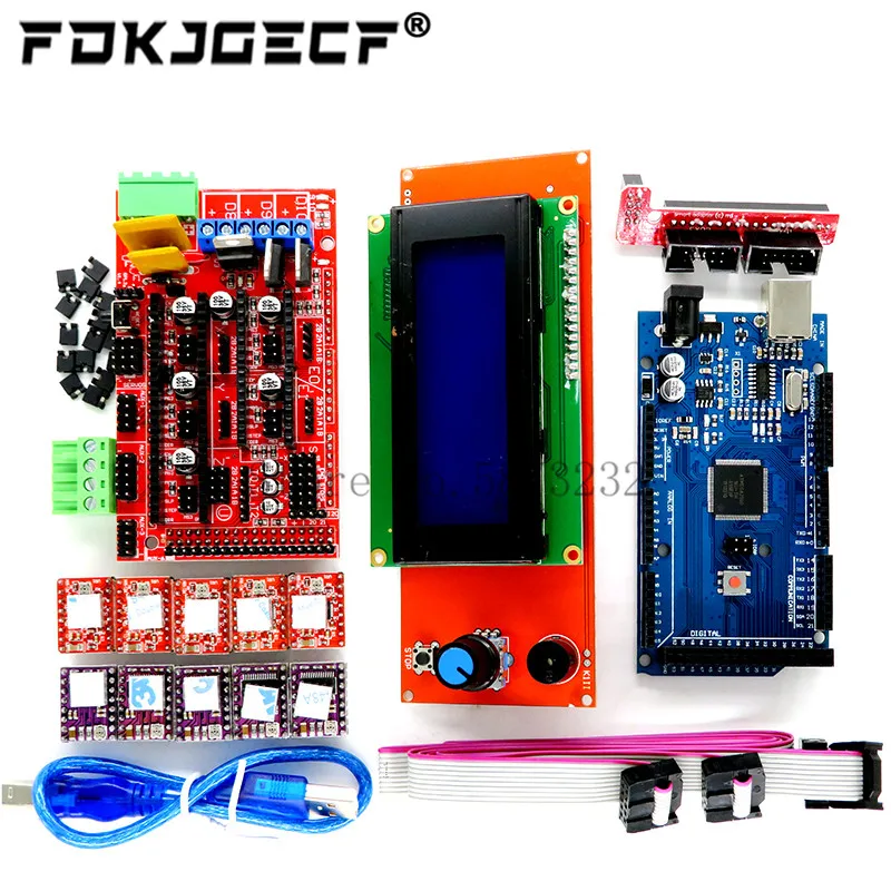 

Контроллер Mega 2560 R3 CH340 + 1 контроллер RAMPS 1,4 + 5 шт. модуль шагового драйвера A4988/DRV8825 + 1 шт. контроллер 3D 2004 для комплекта 3D-принтера