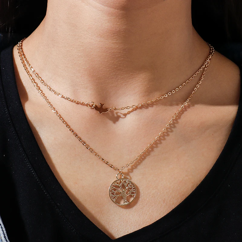 

Vintage Multi-Layer Cute Bird Tree Pendant Necklaces for Women Exquisite Hollow Coin Chain Necklaces Female Jewelry Accessories