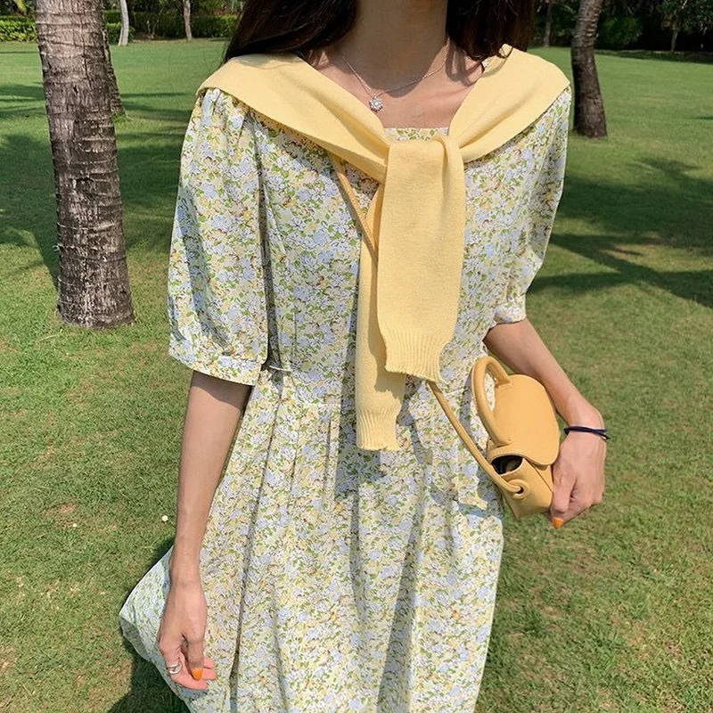 

Dress Women Floral Retro Loose 4 Colors Summer Soft Holiday College Ladies Sweet Prairie Chic Sundress Leisure Popular Ins New