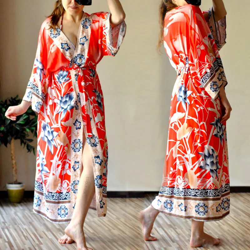 

2021 Bohemian Printed Self Belted Loose Summer Beach Tunic Plus Size Beachwear Long Kimono Cardigan Boho Women Tops Blouse N996