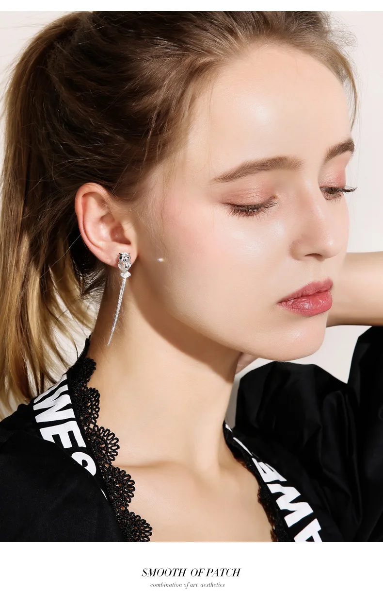 Модные длинные серьги с кисточками в виде совы стразы подвески голубыми