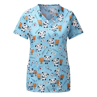 cartoon print casual scrubs tops women short sleeve clinic uniform health pet nurse workwear v neck top beauty salon care shirt