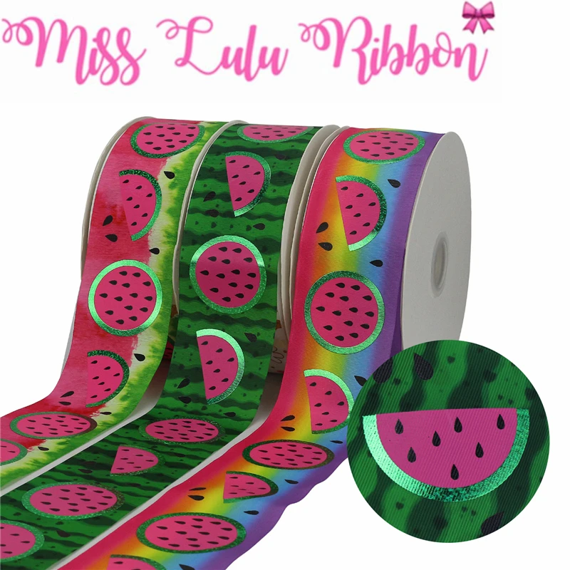 

3"75mm Watermelon Series Green Hologram Foil Black Pink Ink Printing Printed Grosgrain Ribbon DIY Gradient Color 50yards/roll