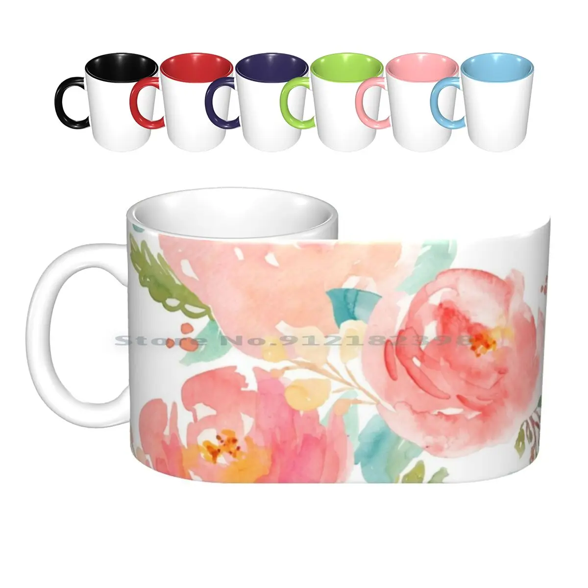 

Peonies Watercolor Bouquet Ceramic Mugs Coffee Cups Milk Tea Mug Peonies Watercolor Summer Pastel Flower Floral Girly Pink Mint