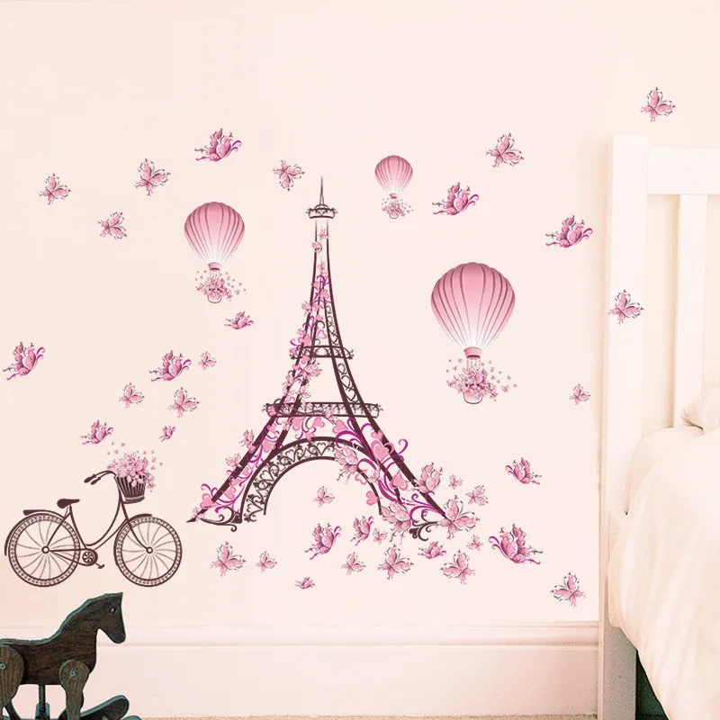 

Romantic Eiffel Tower wall Stickers Decals Living Room Bedroom Decoration Bicycle Flower Hot Air Balloon Wedding Decoration