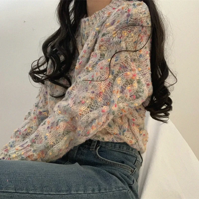 Knitted Twist Sweater Women Candy Color Dot Vintage Pullover O Neck Long Sleeve Autumn Clothes Ropa Mujer Francais Harajuku | Женская