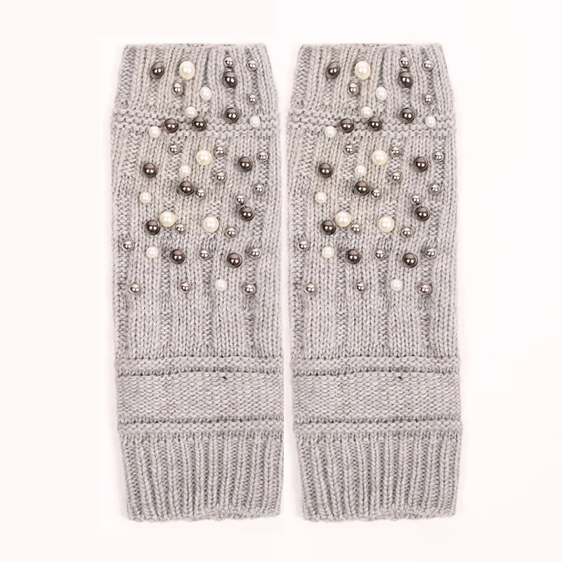 Женские зимние перчатки без пальцев Длинные вязаные Осенние теплые с жемчугом и