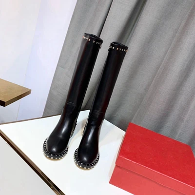 Black Long tube Новинка; женские сапоги до колена; сезон осень-зима; теплые сапоги; женские мотоботы; ботинки с заклепками из натуральной кожи с круглым носком; ботинки с массивным каблуком - Цвет: Black Long tube