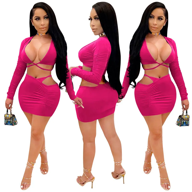 

Clubwear Sexy Hollow Out 2 Pieces Sets Women Long Sleeve Deep V-neck Lace-up T-shirt Crop Tops High Waist Short Pencil Skirts