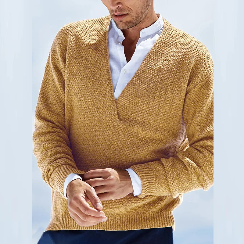 

Fashion V-Neck Knitted Long Sleeve Warm Sweater Mens Jumper Tops Mens Winter Streetwear 2021 Autumn Casual Loose Solid Sweaters