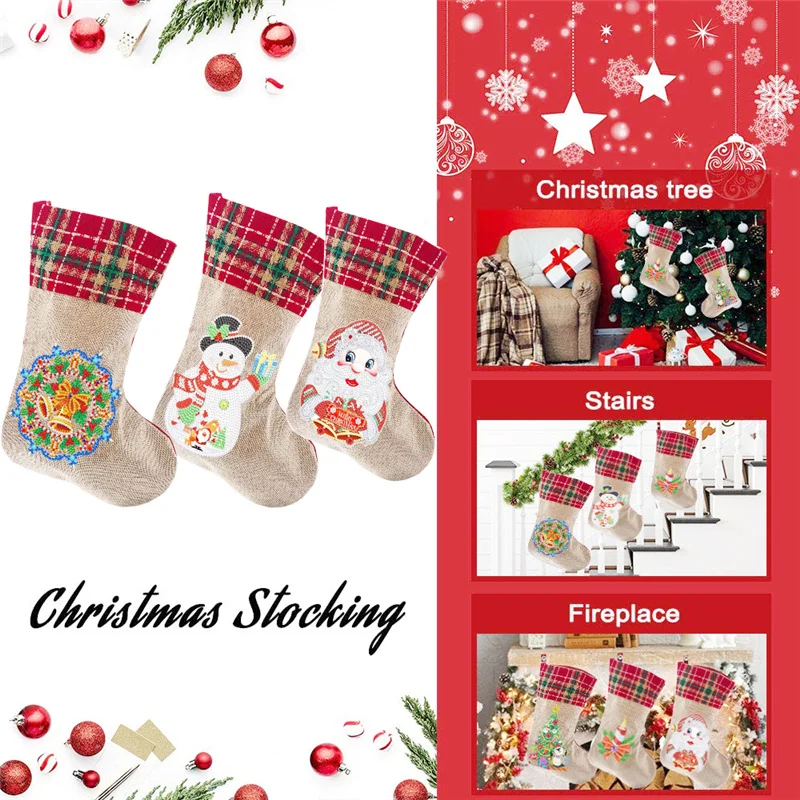 

New 5D DIY Diamond Painting Embroidered Linen Christmas Socks Christmas Boots Gift Bag Candy Bag
