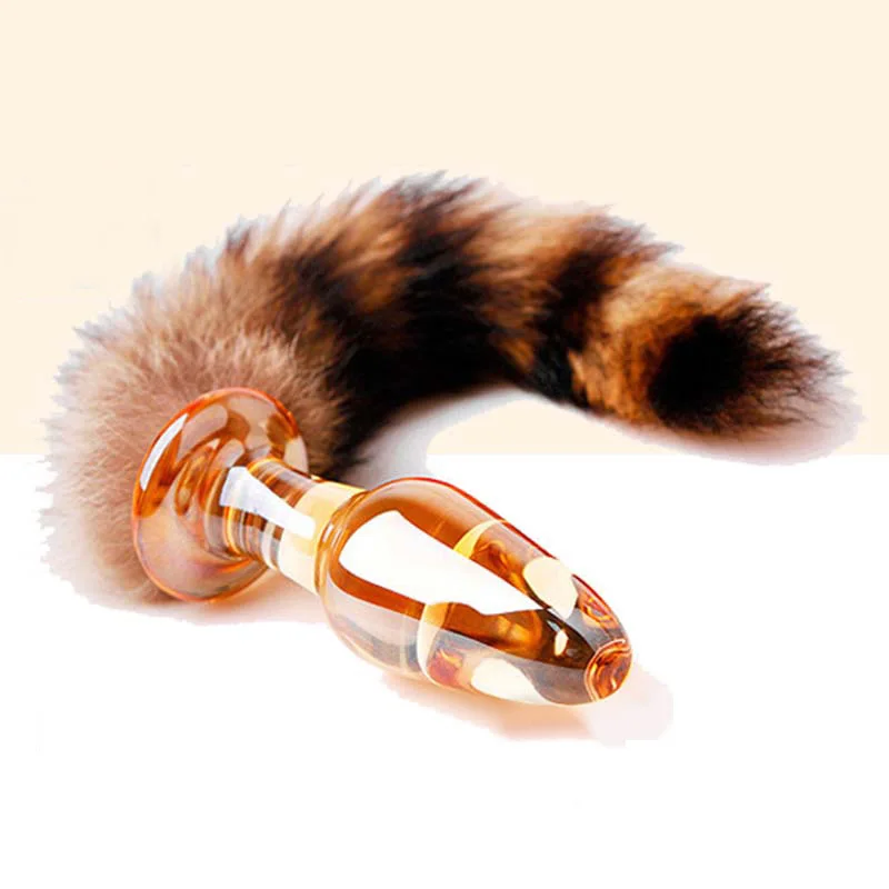 Анальная пробка из стекла пирекс с имитацией пениса в виде лисьего хвоста