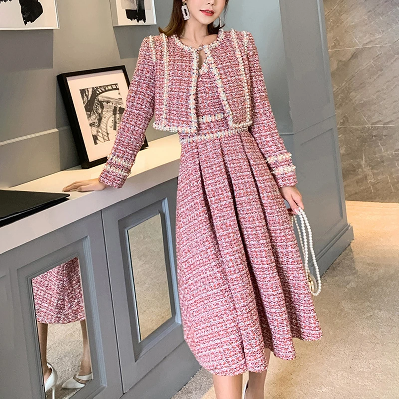 CHICEVER корейский твидовый комплект из двух предметов для женщин О образный вырез