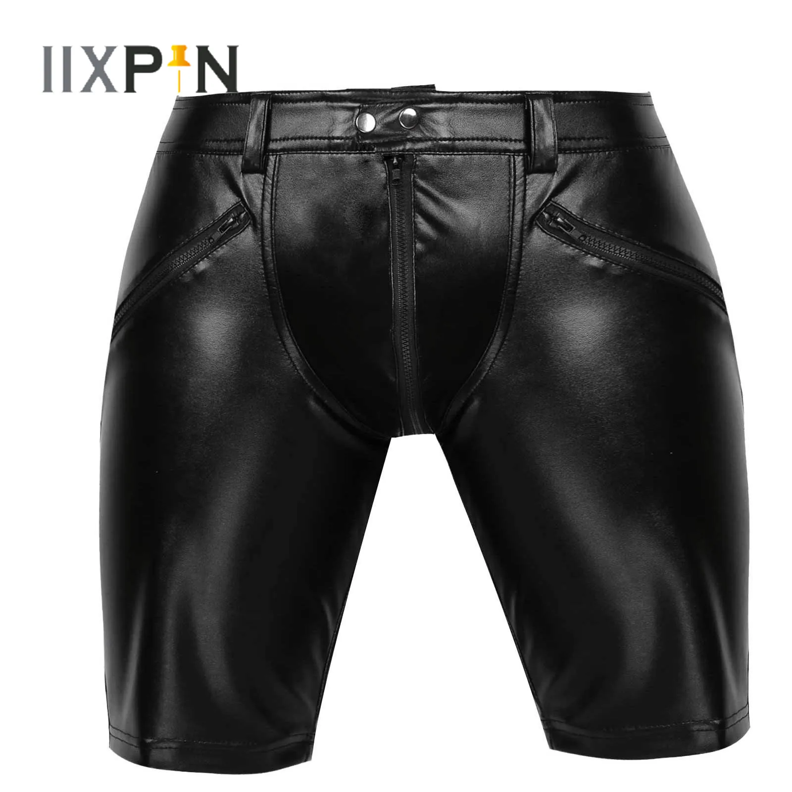 Черные мужские сексуальные мягкие кожаные брюки средней длины на молнии с