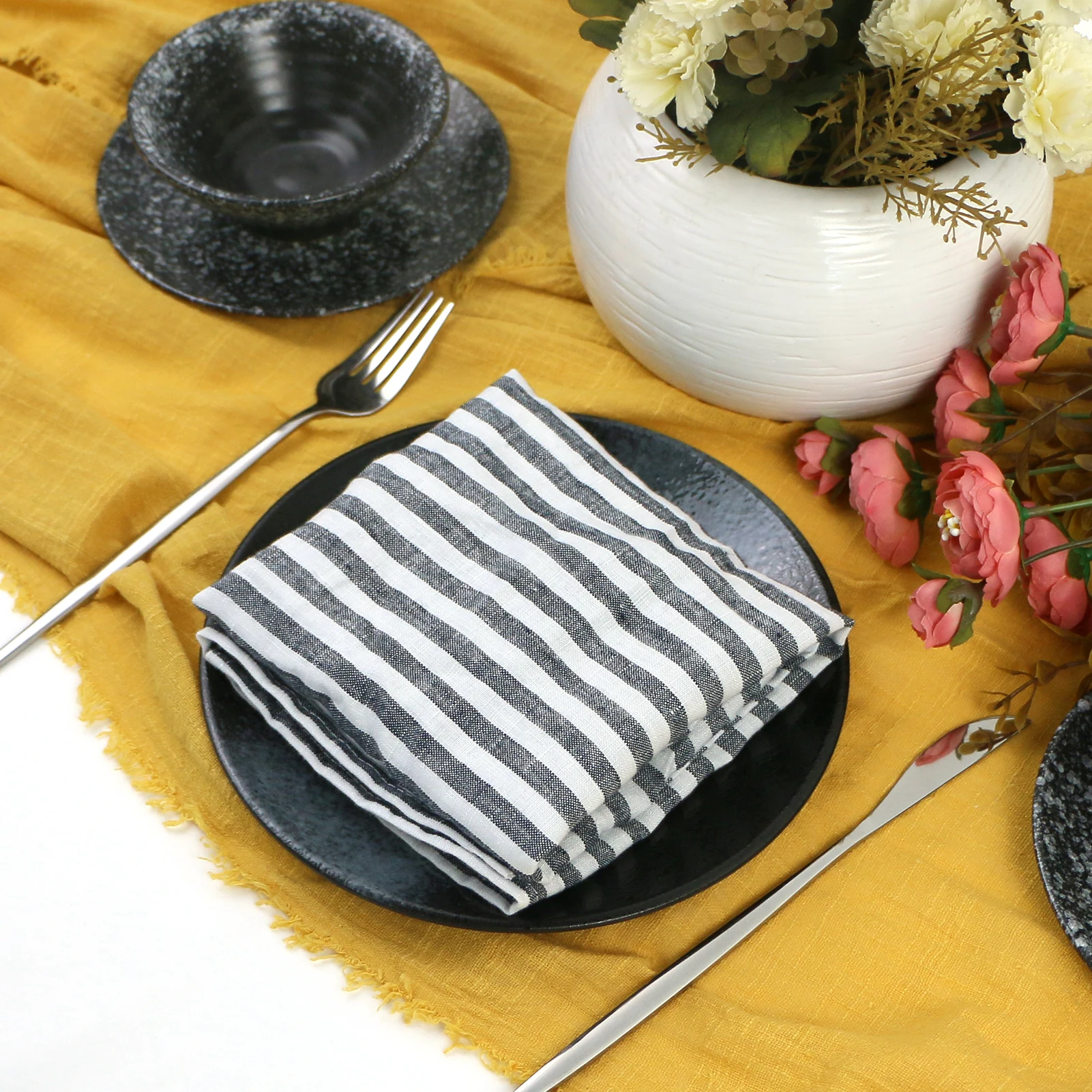 Servilletas de cena de 40x40cm, paquete de 4 telas suaves de lino puro prelavadas para mesa, decoraci&oacute;n de fiesta de c&oacute;ctel a rayas-4