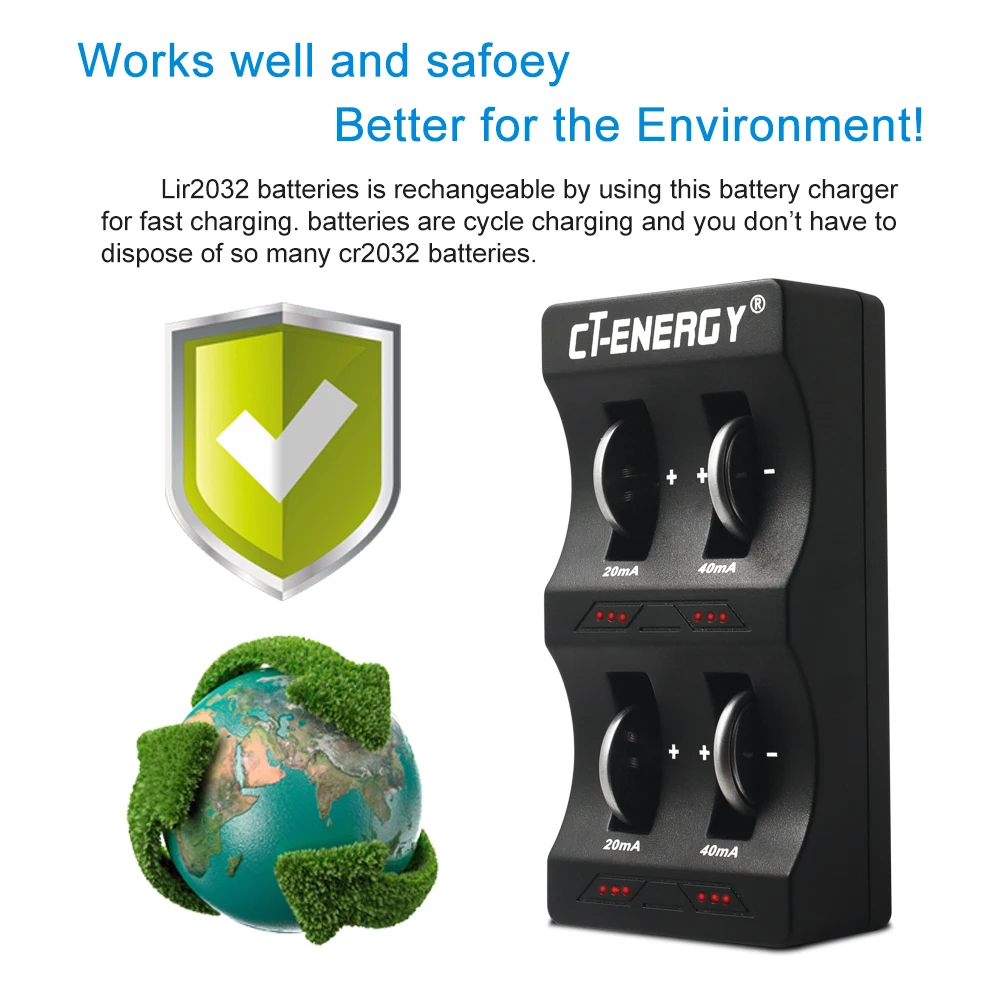 Кнопочный аккумулятор lir2032 зарядное устройство CT-Energy 4 слота USB интерфейс для аккумуляторов LIR2032/LIR2450
