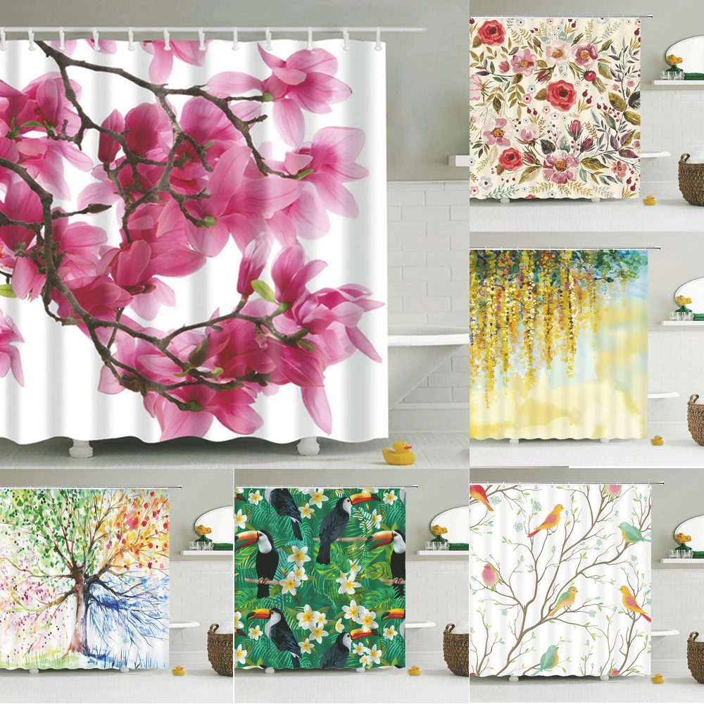 Занавеска для душа с принтом цветов и птиц водонепроницаемая шторка из