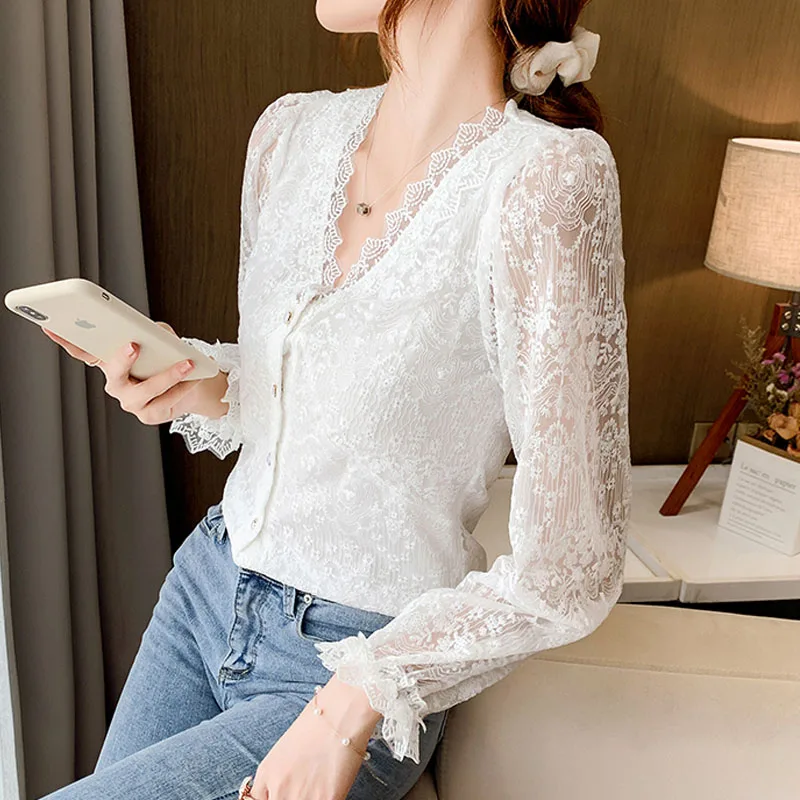 Женская одежда 2021 Элегантный Модный кружевной топ осенняя ажурная рубашка с