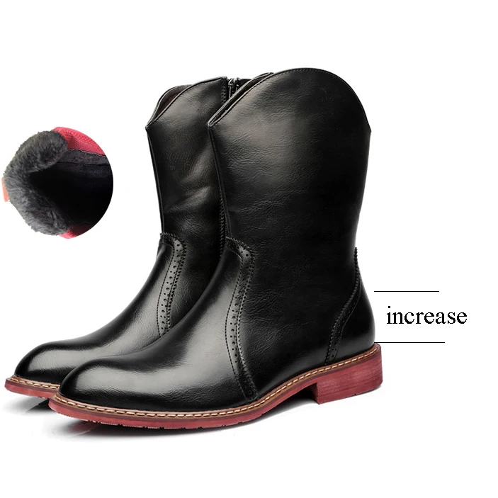 Men Motorcycle Boots Vintage Combat Boot Winter Fur Genuine Cow Leather Waterproof Buckle Military Boots Men Increase Shoes - Цвет: Black Increase Fleec