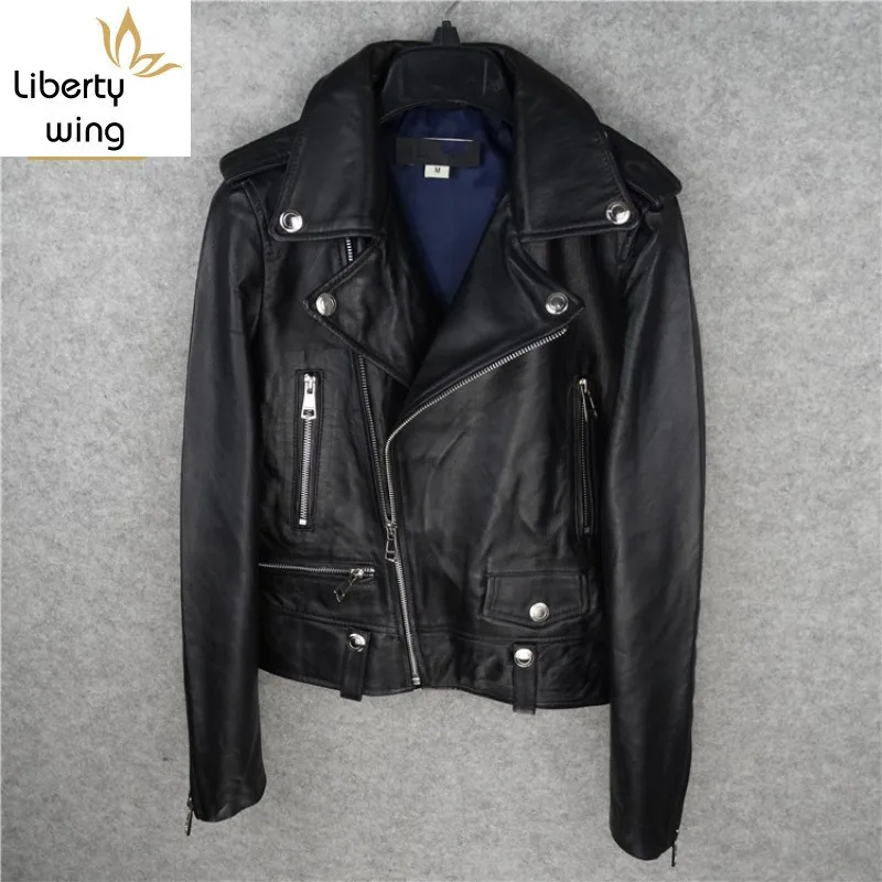 Top Quality Women Short Motorcycle Genuine Leather Plus Size Punk Slim Fit Sheepskin Coat Casual Streetwear Rock Jacket