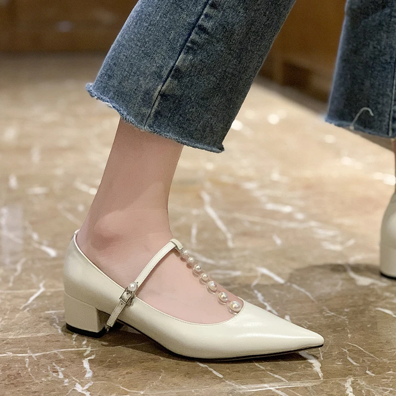 

Women Shoe Shallow T-strap Mary Janes Fashion String Bead Solid Single Shoes Pointed Toe Buckle Leather Thick Heels Sandalias