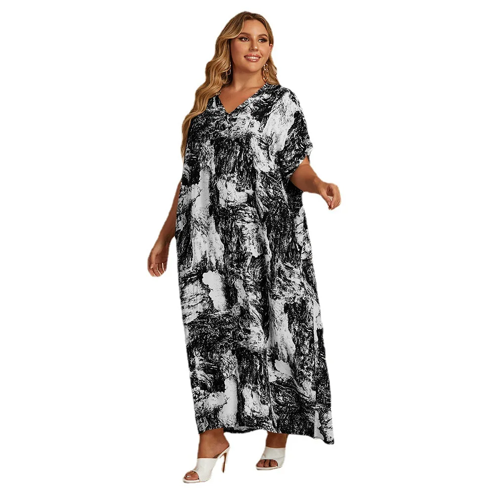 

Летние платья с чернильным принтом, женское элегантное богемное платье с коротким рукавом и V-образным вырезом, Свободное длинное вечернее платье макси TJR8072