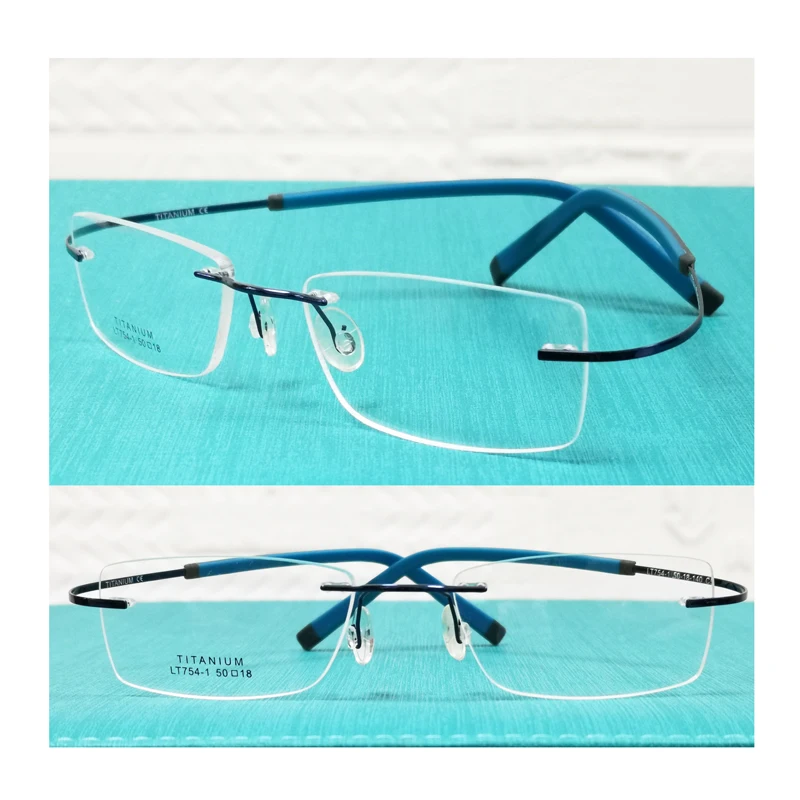 promotion LT754 ultra bendable hingeless pure titanium rimless IP vacuum color coating rectangle simple type precription glasses |