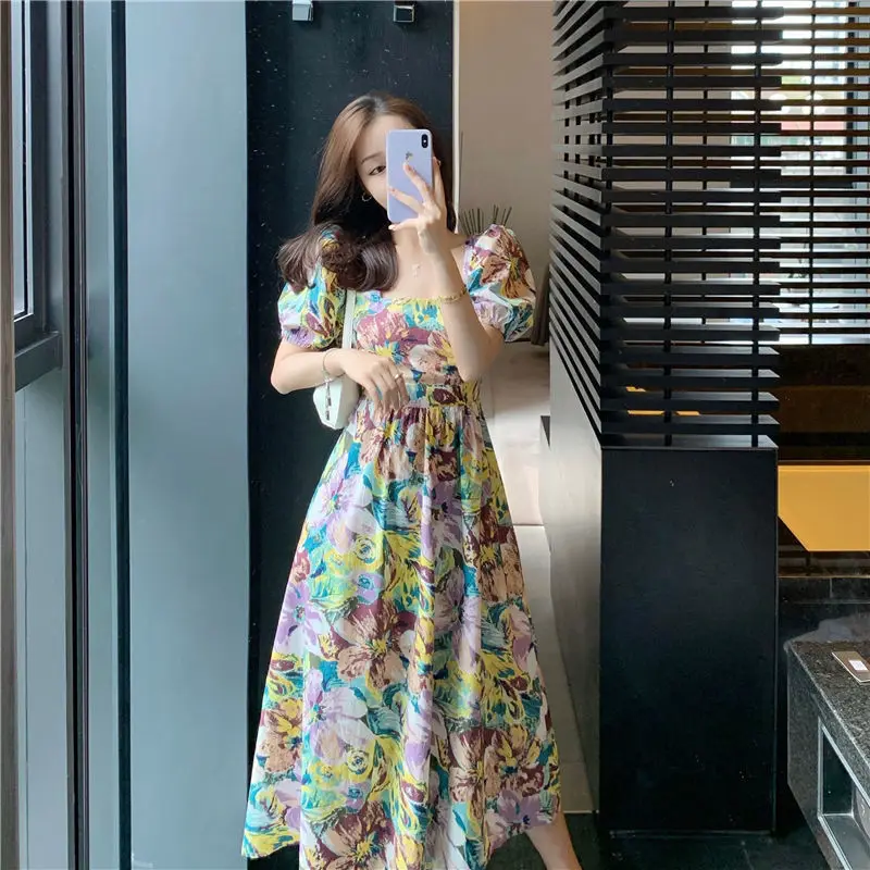 

Long skirt ankle puff sleeves halter Hepburn style can be salt can be sweet square neck oil painting floral high waist dress chi