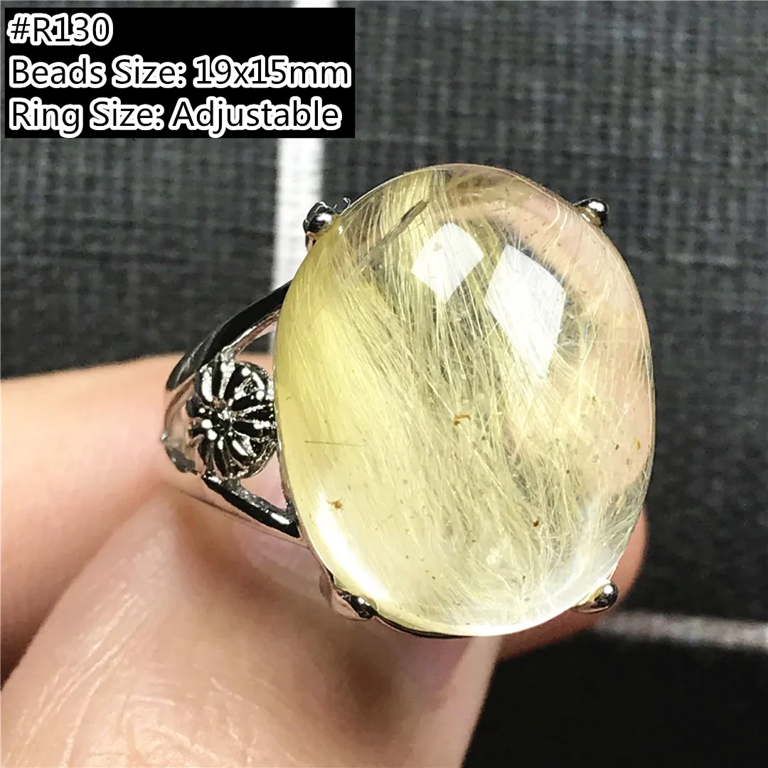

Top Natural Gold Rutilated Ring For Women Man Crystal Quartz Oval Beads Silver Wealth Luck Stone Adjustable Ring Jewelry AAAAA