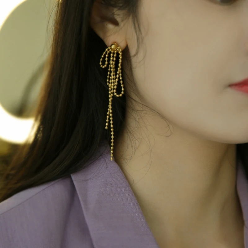 

Модные висячие серьги SRCOI с кисточками и бусинами, золотистые длинные серьги с маленькими бусинами и бантом для женщин