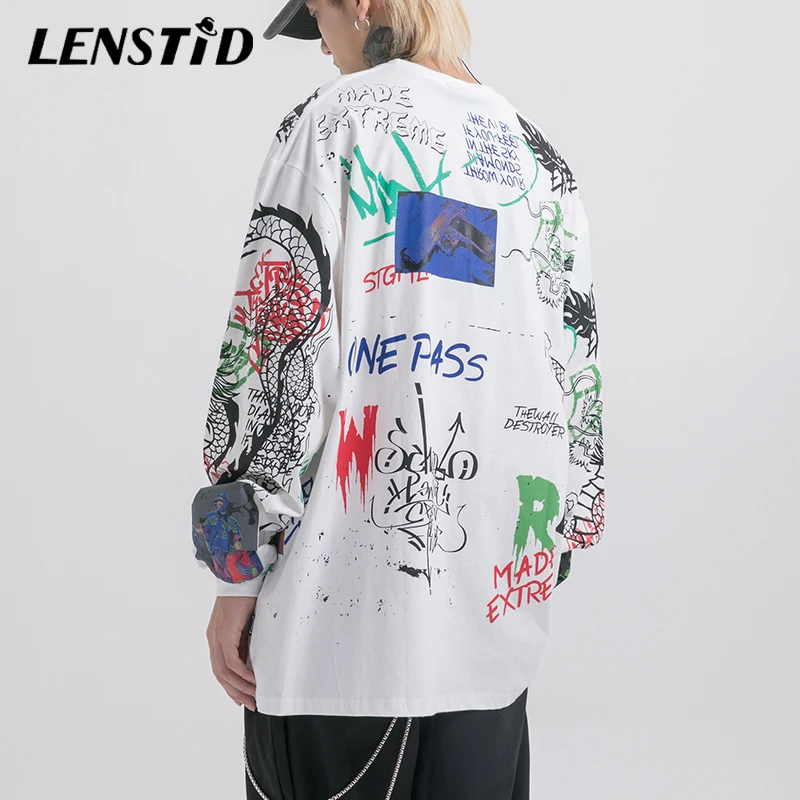 LENSTID граффити печати с длинными рукавами мужские футболки хип хоп хипстер панк