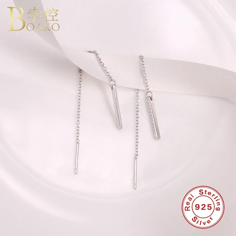 Real 925 Sterling Silver Stud Earrings For Women Long Chain Girl Gift Tassel Earring Female Geometric Pendant aretes | Украшения и