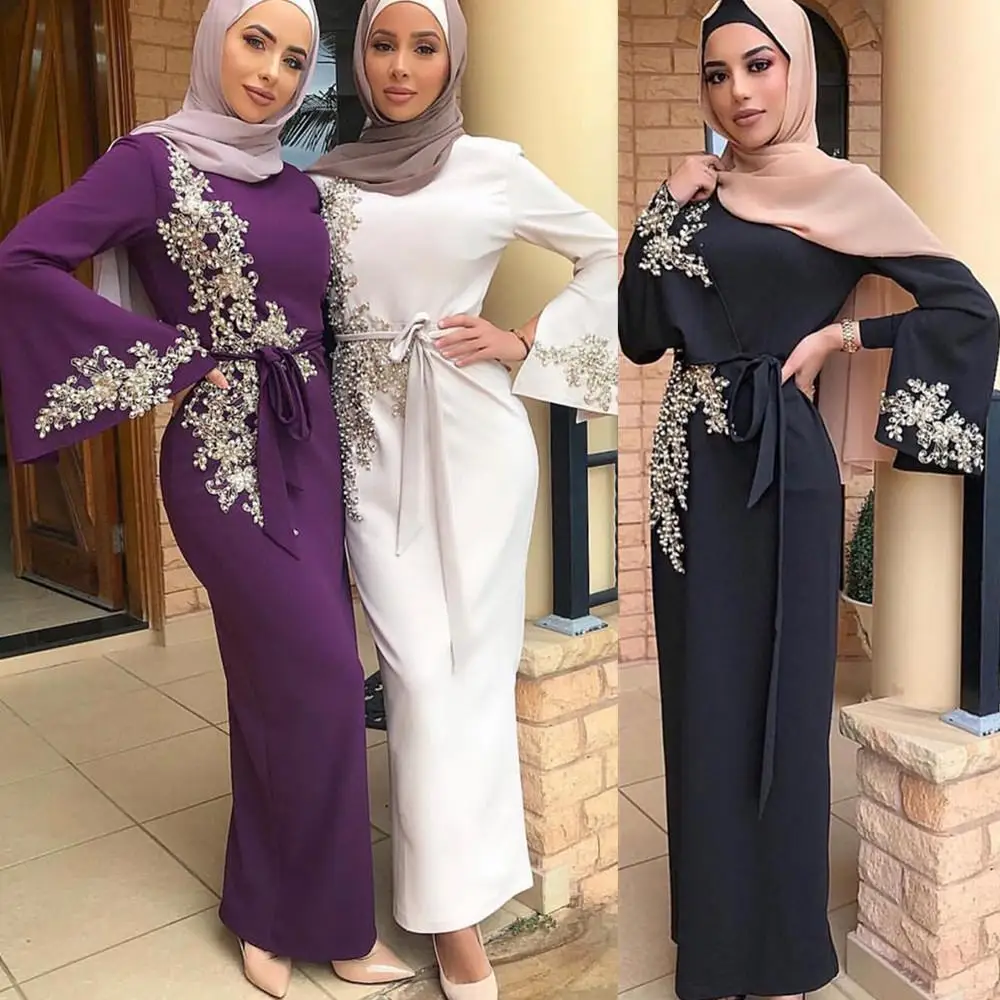 

Fashion Muslim Women Appliques Abaya Slim Party Cocktail Bodycon Dress Maxi Long Robe Gown Split Sleeve Islam Clothing With Belt