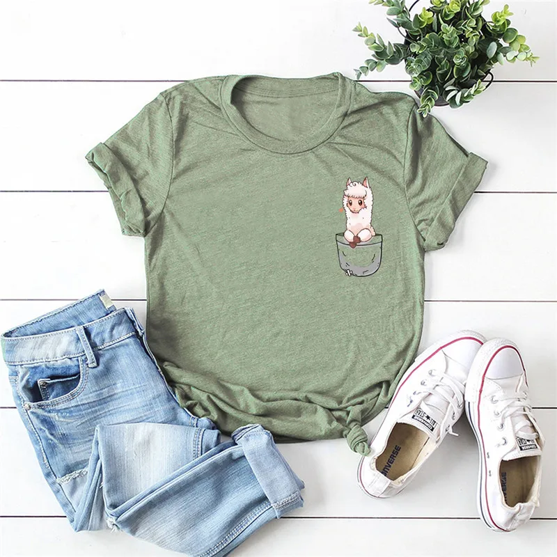

2021 Plus Size T-Shirt Women New Alpaca Print Women Shirts O Neck Short Sleeve Tees 100%Cotton Top Summer Woman Tshirts Harajuku