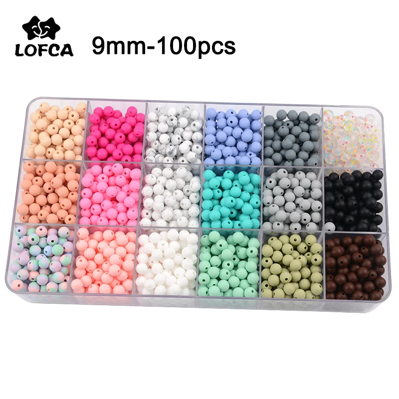 LOFCA-Cuentas de silicona para morder, cuentas sueltas de 9mm, sin BPA, Grado Alimenticio, mordedor para beb&eacute;, fabricaci&oacute;n de collares de joyer&iacute;a DIY, 100 unids/lote-0