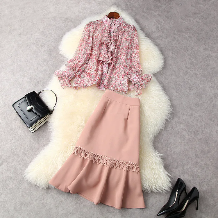 

European and American women's wear for spring 2021 Printed shirt long sleeves and flounces Embroidered fishtail skirt suits